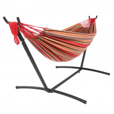 9ft Black Steel Pipe Hammock Frame with 200*150cm Polyester Cotton Hammock Red Strip Red Rope Iron Hammock Set